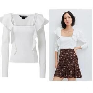 Veronica Beard Gidea Ruffle Long Sleeve Shirt Ribbed Cotton White Size Medium